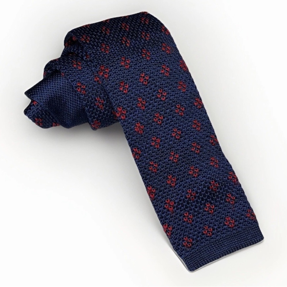 Tommy Hilfiger Square End Knit Silk Blend‎ Blue & Red Necktie Tie Preppy Classic